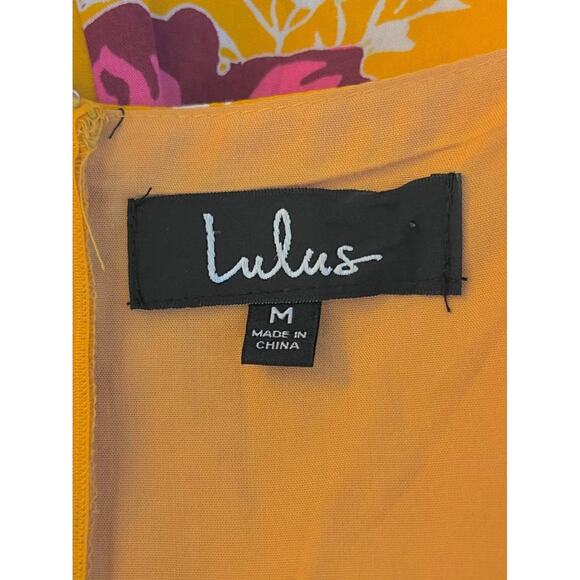 Lulus M Yellow Midi Dress Floral Front Slit Back Zip Feminine Quaint Puffed Chic - Picture 2 of 8